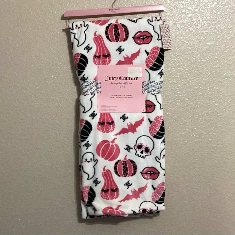 Juicy Couture White Plush Throw with Pink & Black Halloween Designs